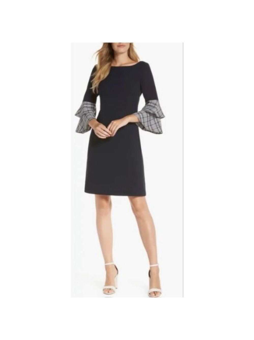 Eliza J Navy Blue Double Ruffle Plaid Bell Sleeve Dress